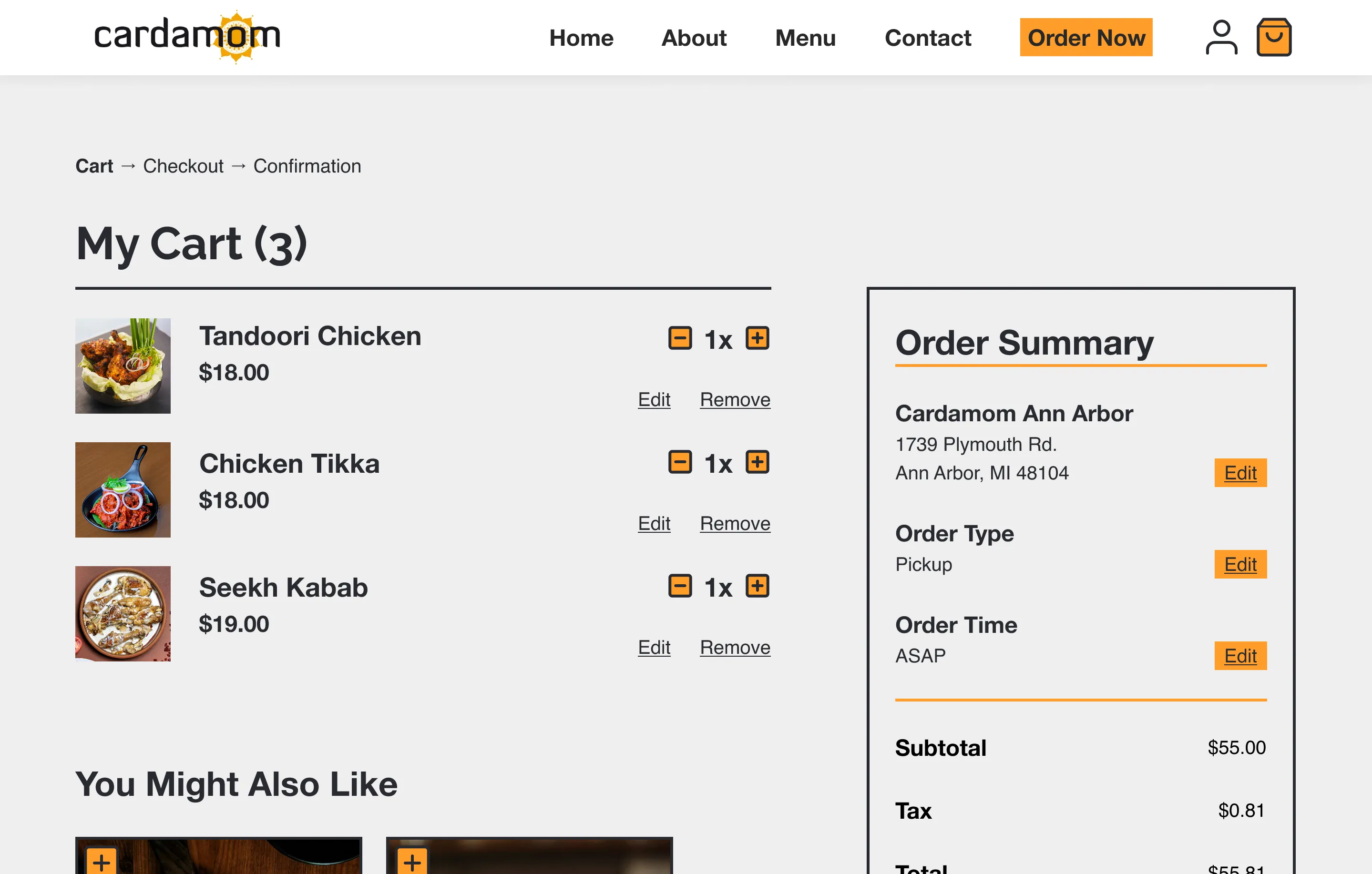 My Cart page before the change: the Cart → Checkout → Confirmation breadcrumb above three cart items with quantity controls and an Order Summary panel, with no back link.