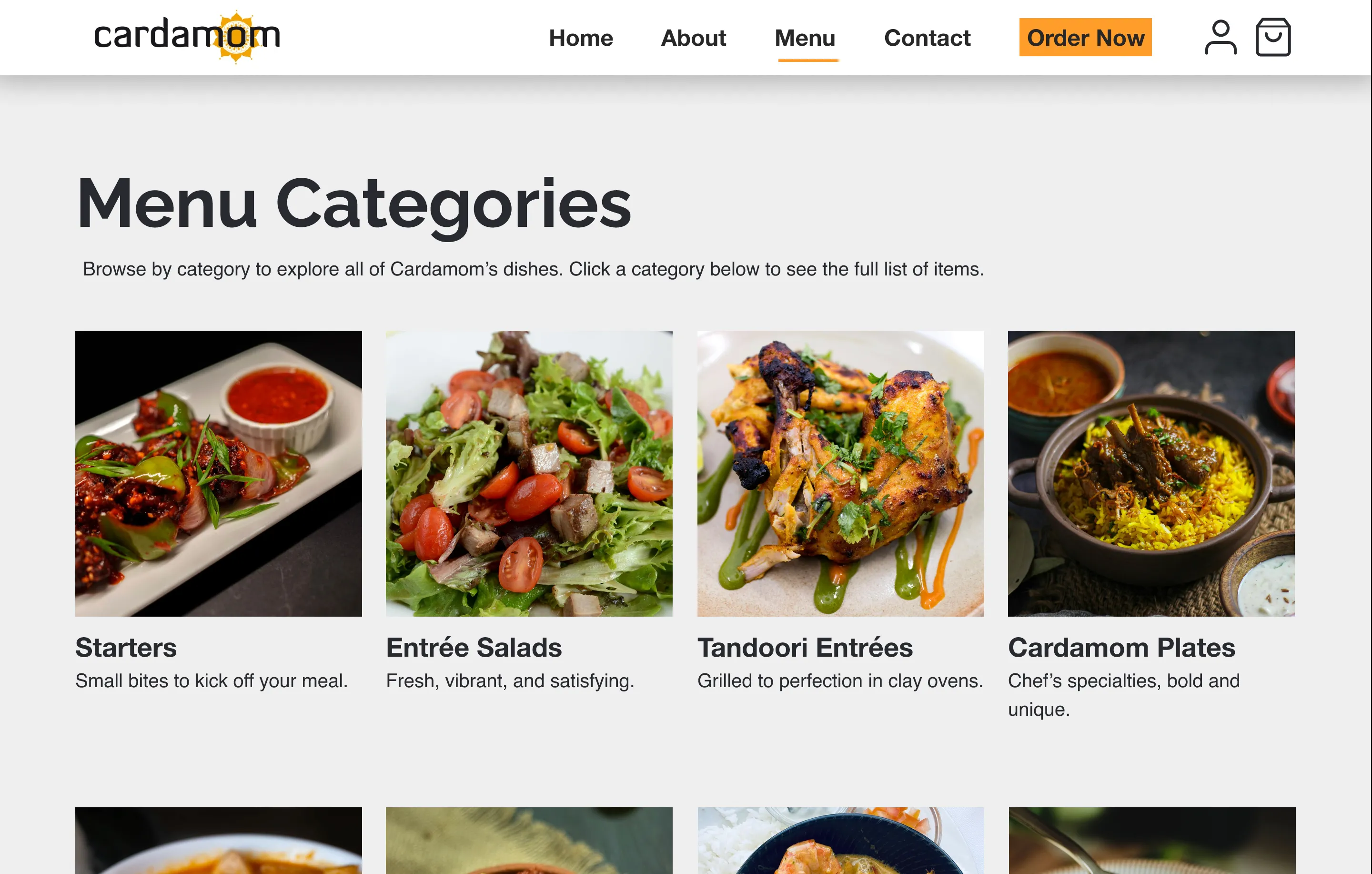 Menu Categories page after the change: a new line under the heading reads “Browse by category to explore all of Cardamom’s dishes. Click a category below to see the full list of items.”