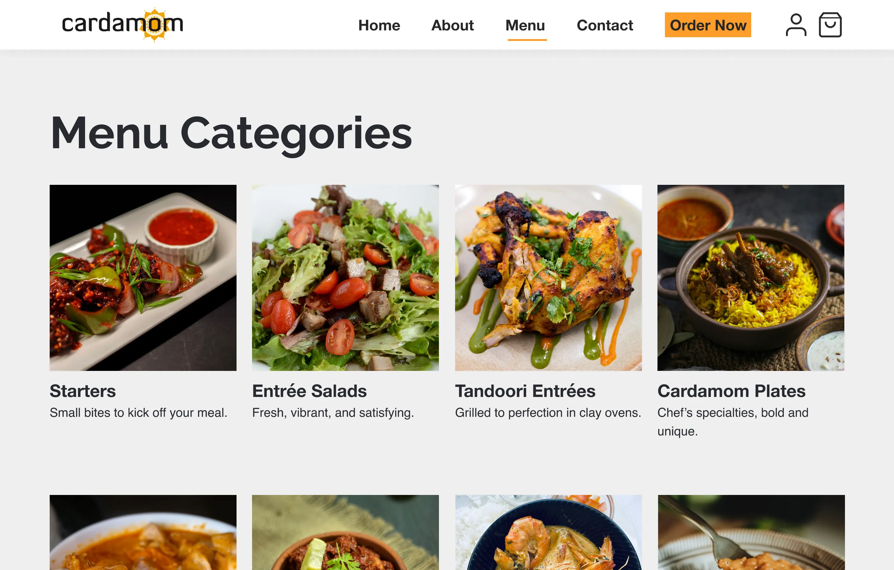 Menu Categories page before the change: a heading straight above a grid of food photos labeled Starters, Entrée Salads, Tandoori Entrées and Cardamom Plates.