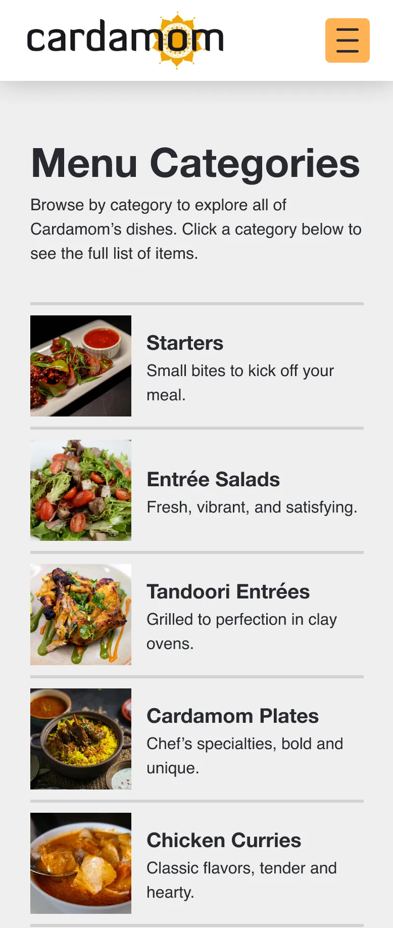 Final Menu Categories page on mobile: a stacked list of categories, each with a thumbnail photo, name and one-line description.