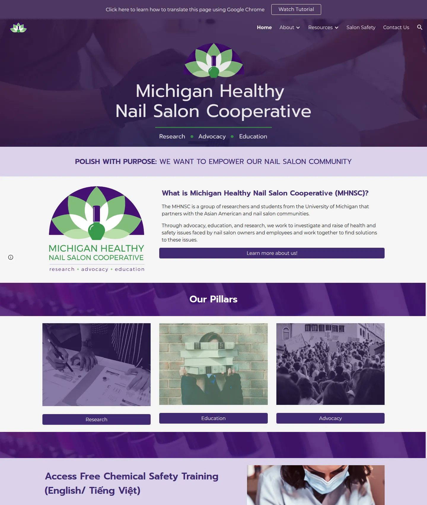Redesigned MHNSC homepage: a translation tutorial banner, a photo header with the lotus logo and Research · Advocacy · Education, a “What is MHNSC?” section, an Our Pillars band, and a featured Free Chemical Safety Training section.