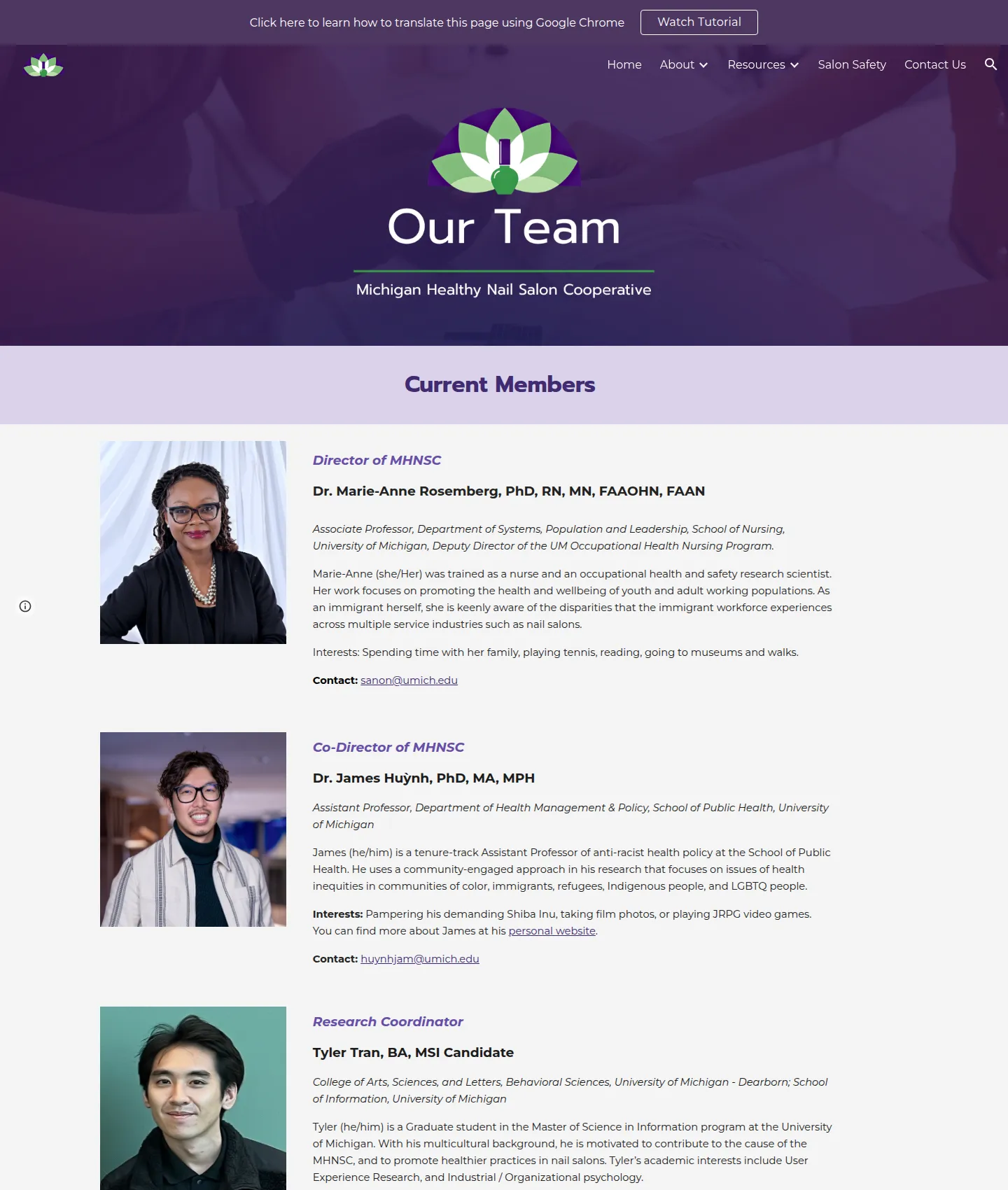 Redesigned Our Team page: Current Members listed one per row with a photo, role label, name, affiliation, bio, interests and a contact email.