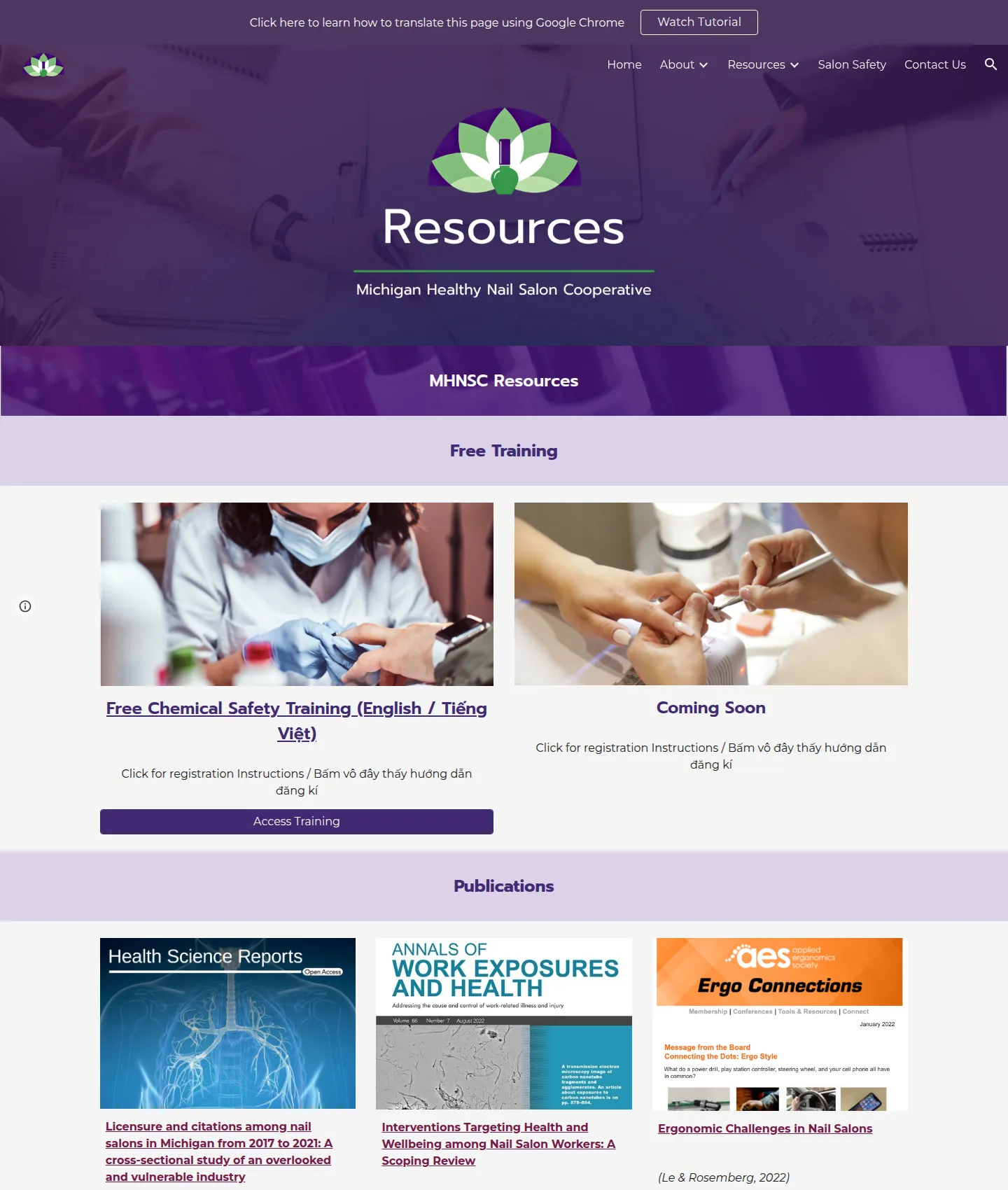 Redesigned Resources page: a Free Training section with photo cards for the chemical safety training and a coming-soon course, then a Publications section of cards with cover thumbnails.