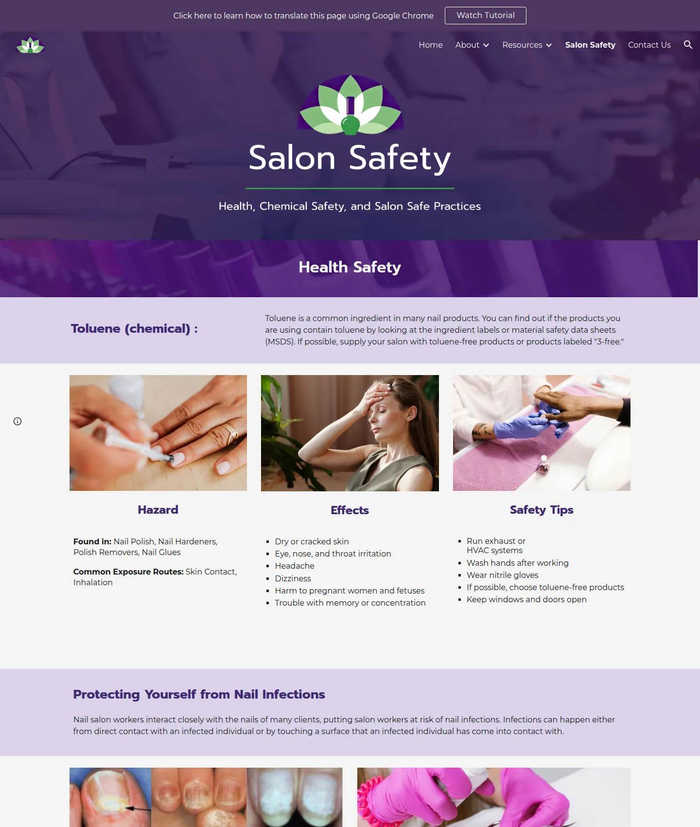 Redesigned Salon Safety page: a Health Safety section explaining toluene with photos and three columns for Hazard, Effects and Safety Tips, followed by a section on protecting yourself from nail infections.