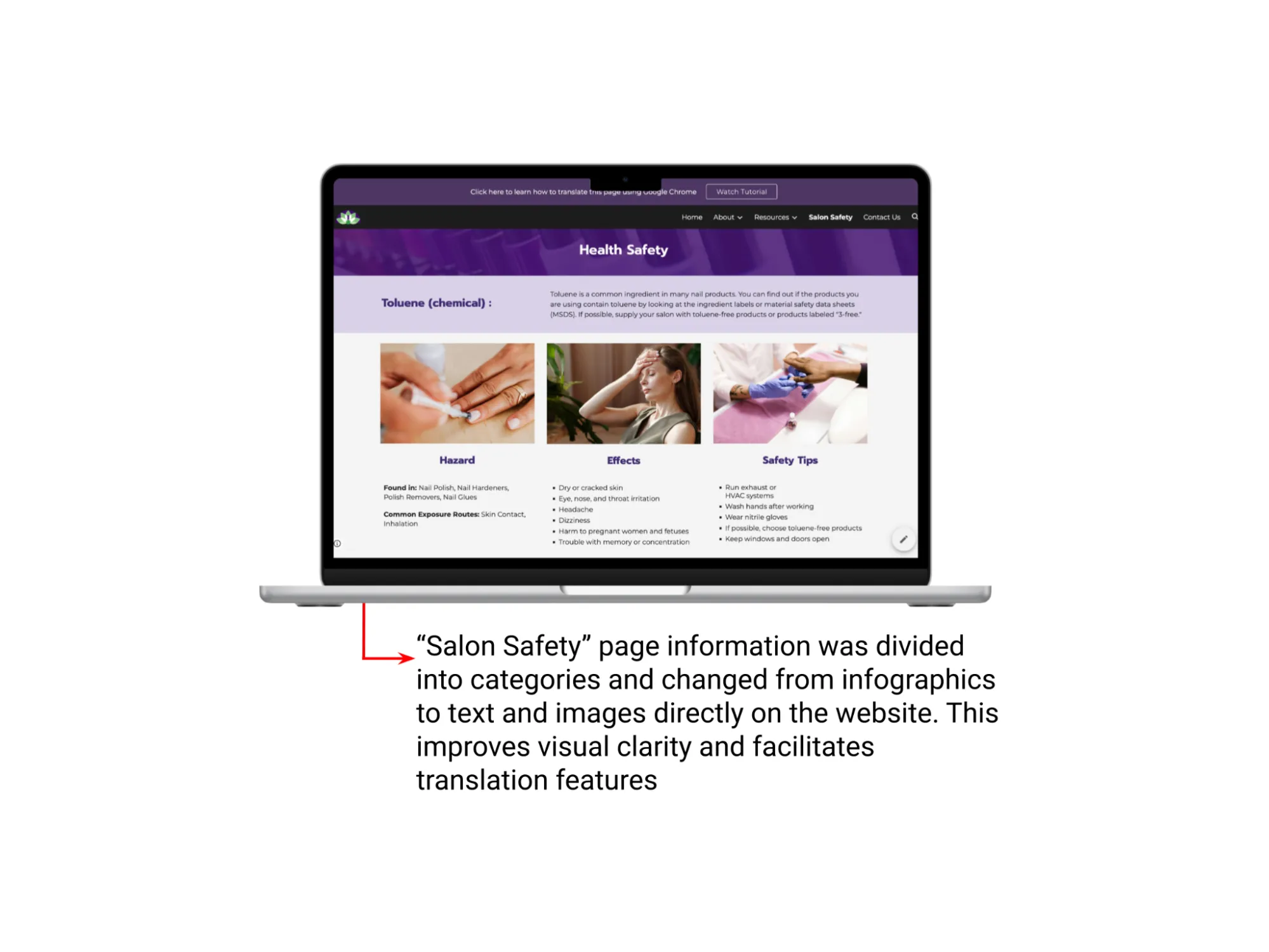 Annotated redesign Salon Safety page on a laptop: information divided into categories and rebuilt from infographics into text and images.