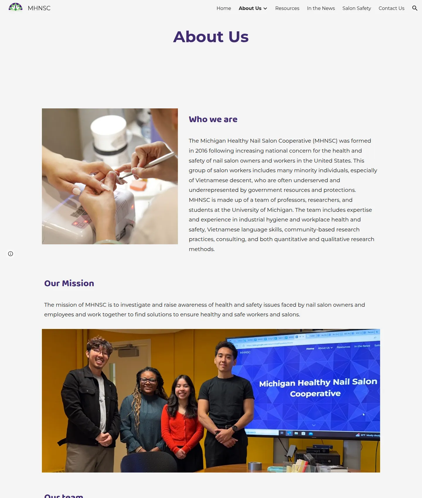 Original About Us page: a photo of hands during a manicure next to a long Who We Are paragraph, Our Mission and a group photo, with no contact details.