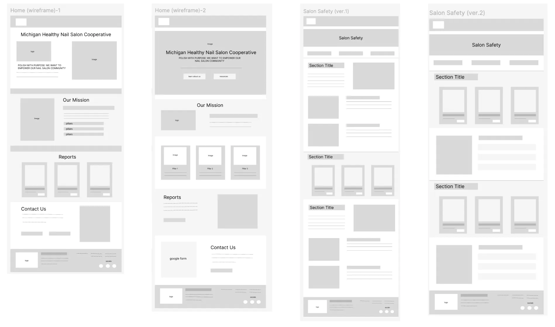 Grayscale wireframes: two versions of the homepage with hero, mission, reports and contact sections, and two versions of the Salon Safety page with titled sections.