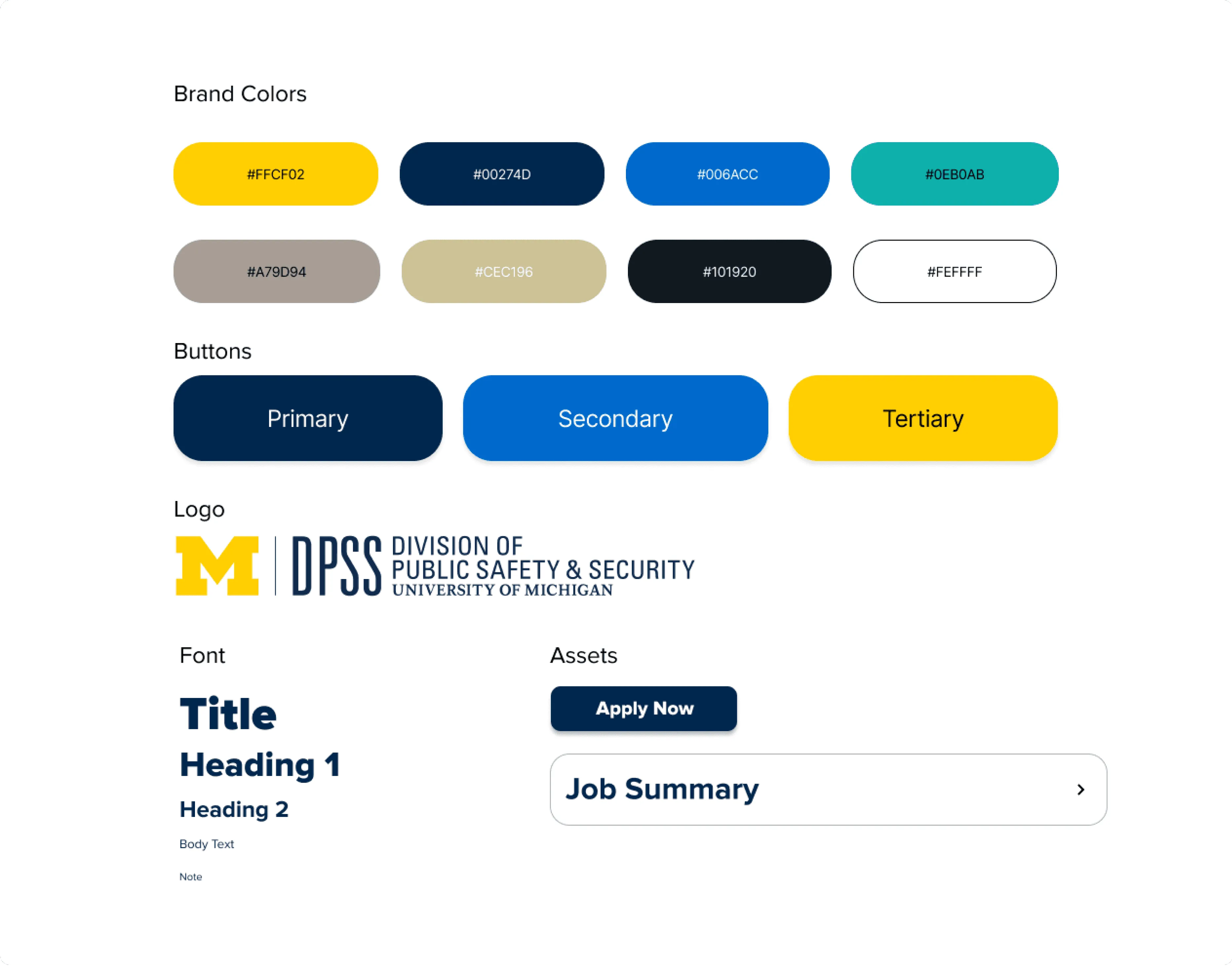 DPSS design system sheet: eight brand color swatches (maize, navy, blue, teal, grey, tan, near-black and white), primary, secondary and tertiary buttons, the DPSS logo, a type scale from Title to Note, and component samples including an Apply Now button and a Job Summary accordion.