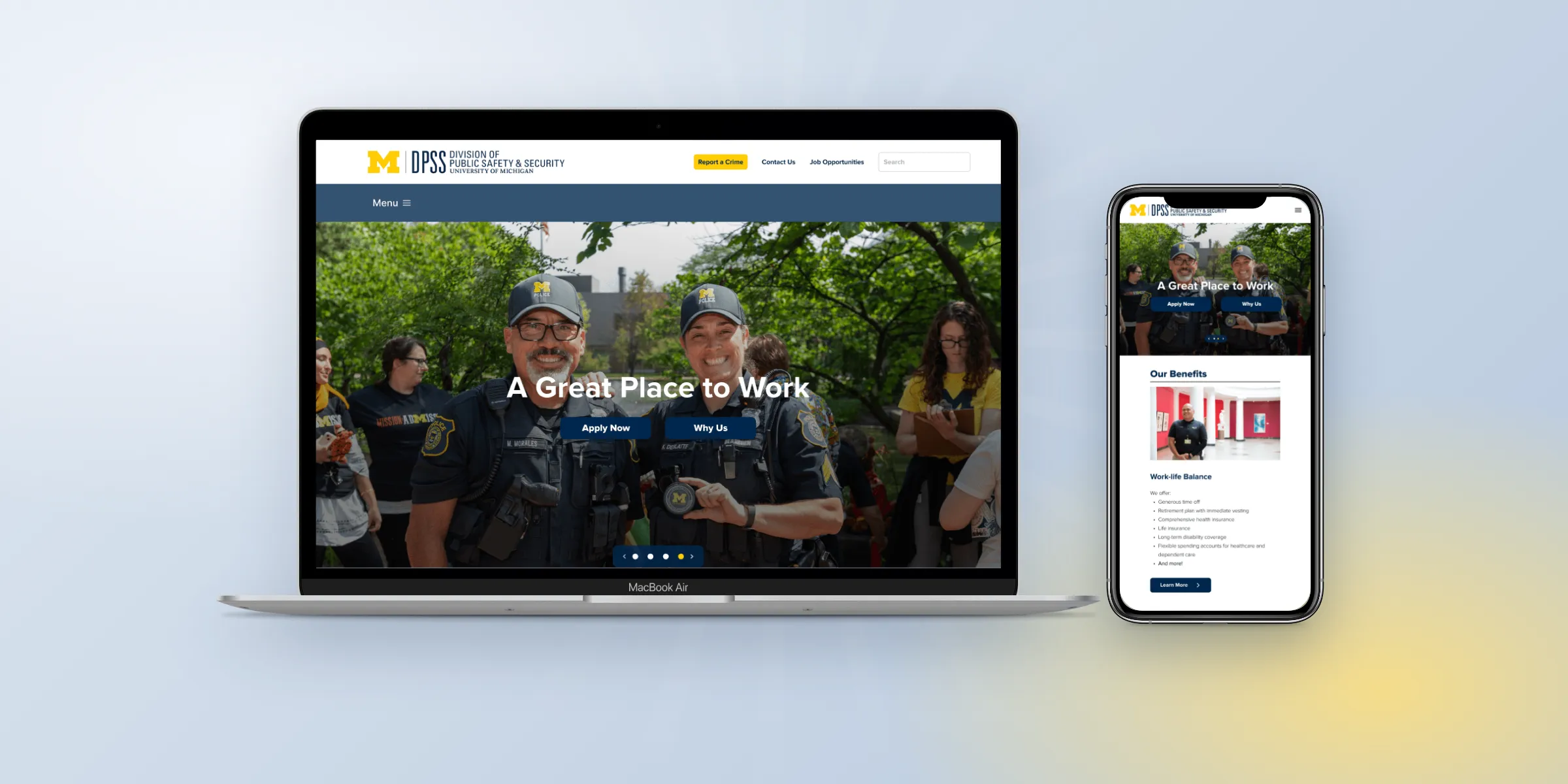 The redesigned DPSS careers homepage on a laptop and a phone. Two smiling officers stand under the headline “A Great Place to Work” with Apply Now and Why Us buttons; the phone also shows the Our Benefits section.