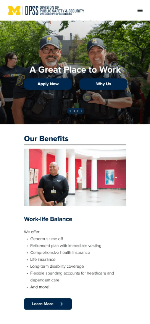 Final homepage on mobile: the same hero with Apply Now and Why Us buttons, followed by an Our Benefits section with a staff photo and a work-life balance benefits list.