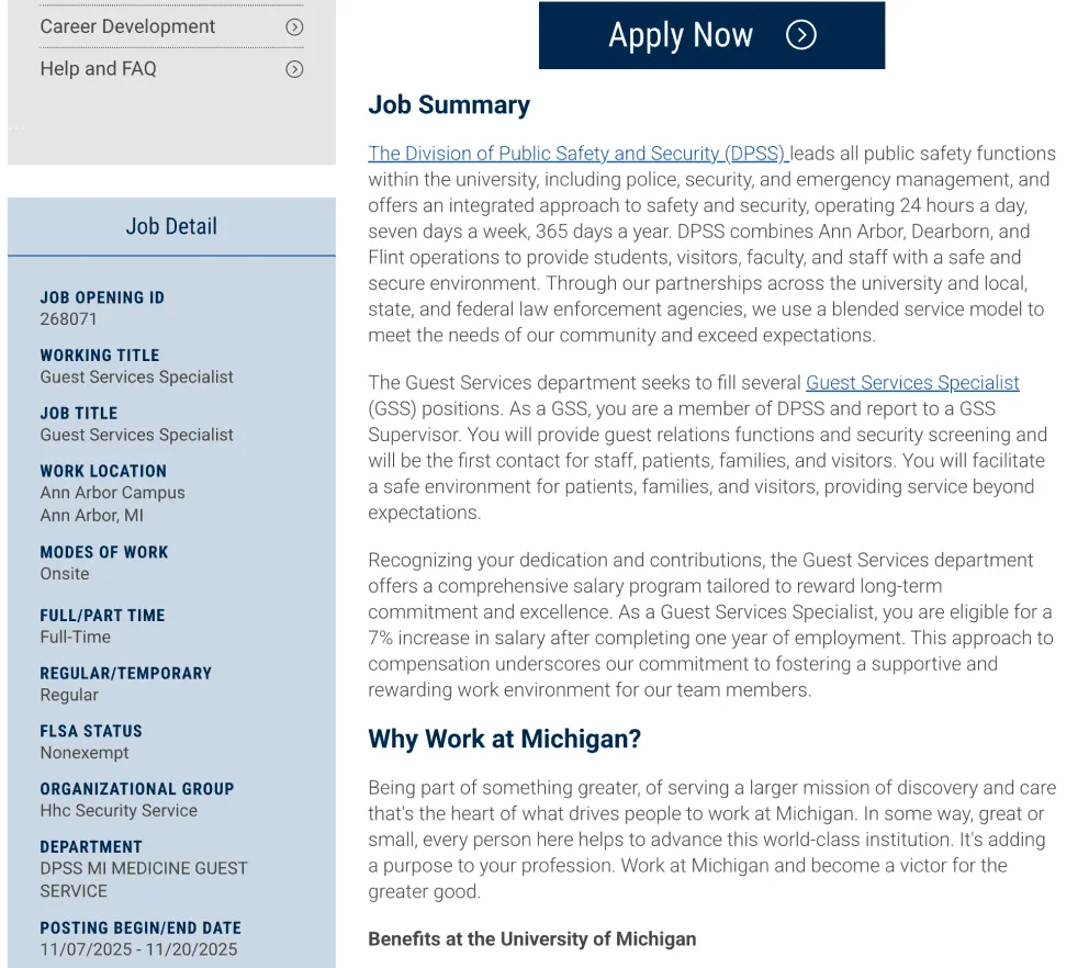 The existing job detail page: a shaded Job Detail sidebar listing the opening ID, titles, location, schedule and posting dates, beside long job summary paragraphs under an Apply Now button.