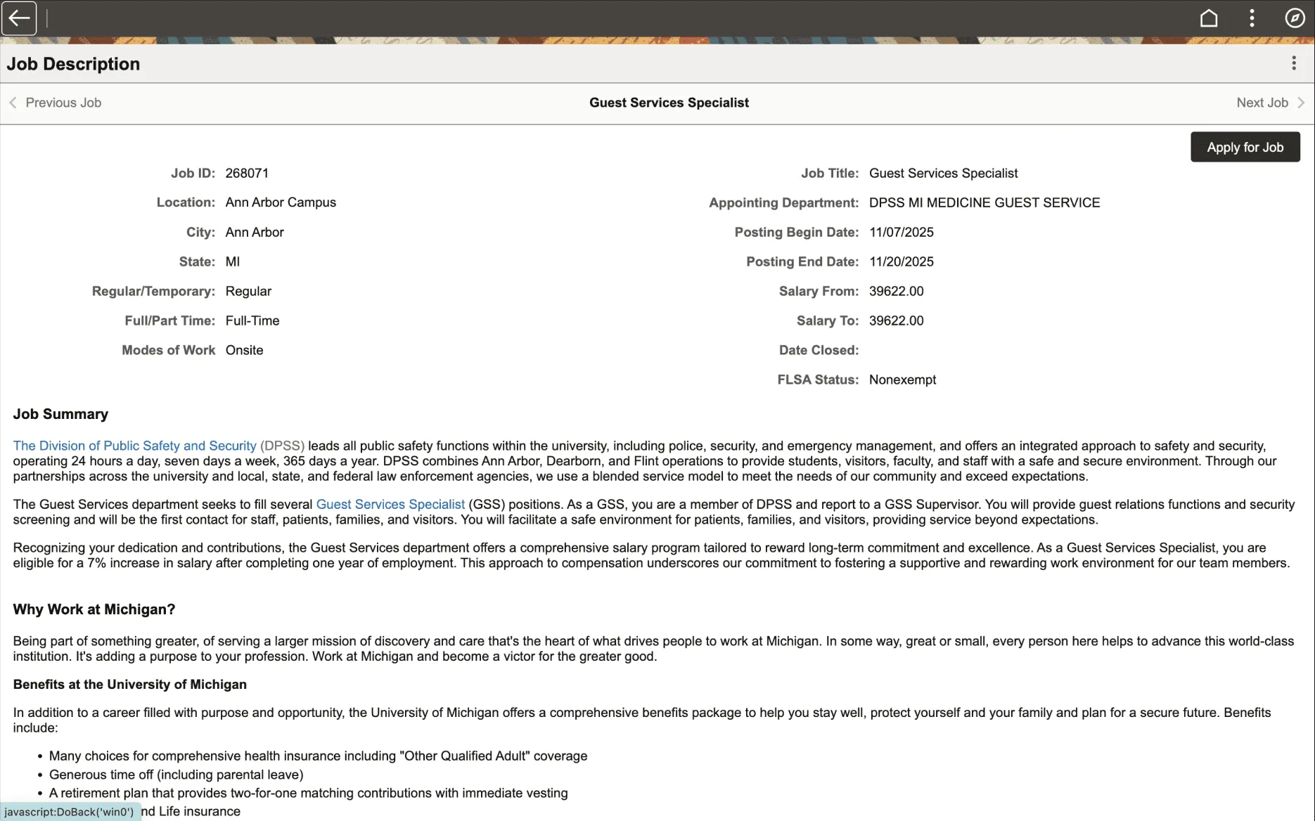 The existing job description page: a dense two-column table of job fields (ID, location, salary, posting dates) above long paragraphs of job summary text, with a small Apply for Job button.