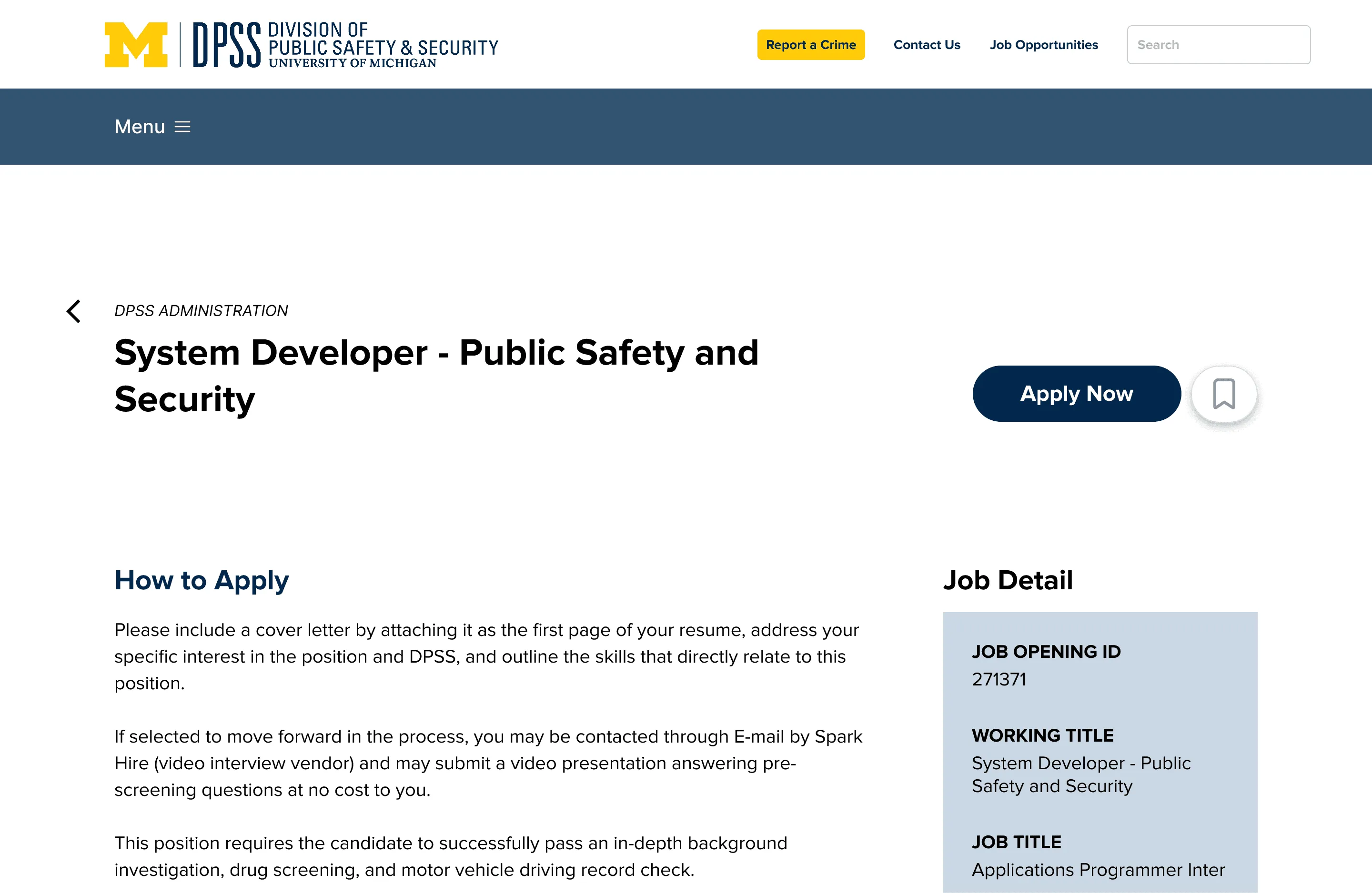 Final job details on desktop: a System Developer posting with a back arrow, a prominent Apply Now button and save icon, How to Apply text on the left and a shaded Job Detail panel on the right.