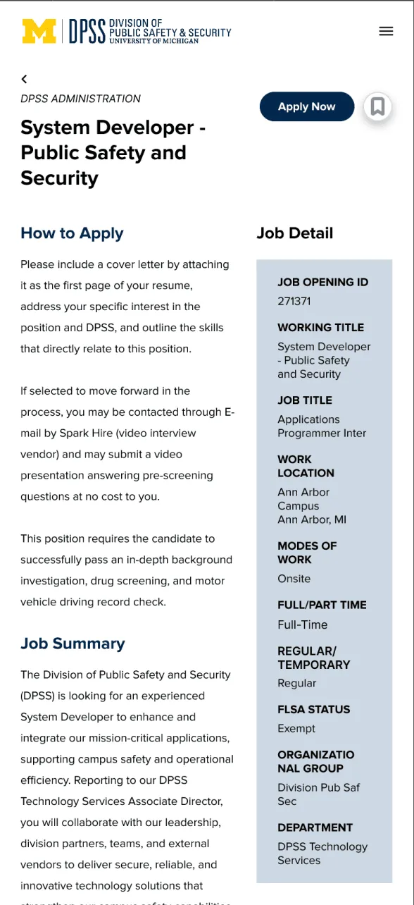 Final job details on mobile: the posting title with Apply Now and save buttons, How to Apply and Job Summary text, and the Job Detail panel beside it.