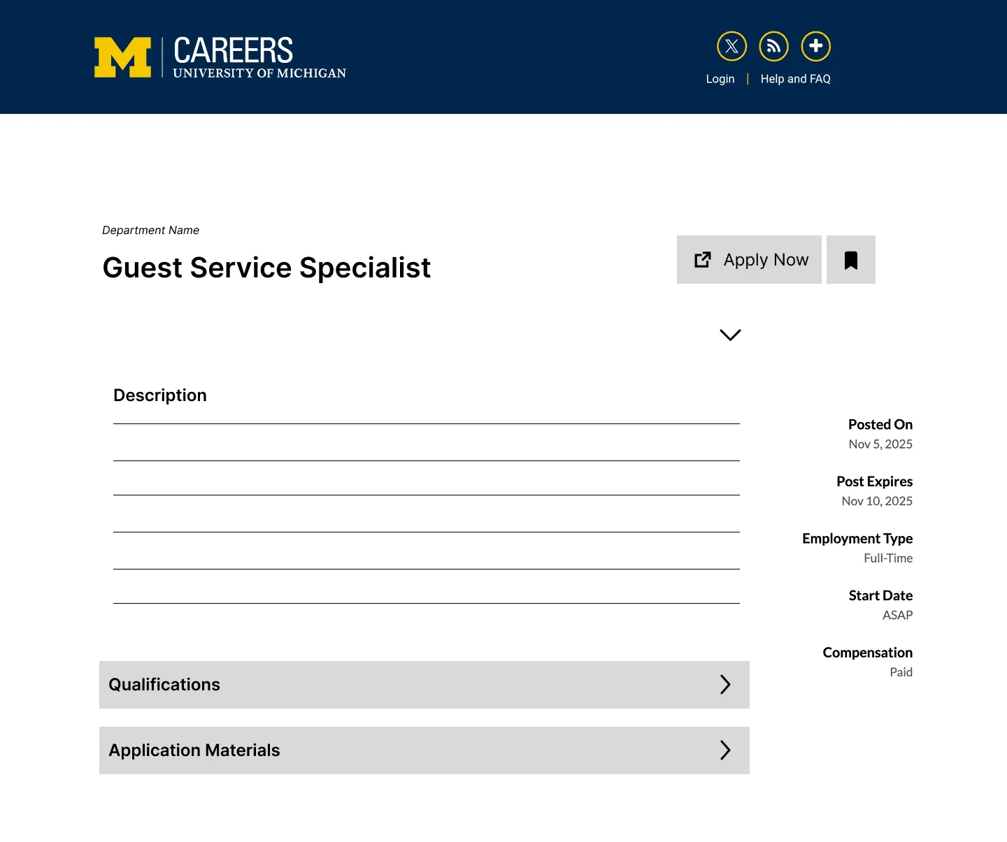 Low-fidelity job details wireframe: a Guest Service Specialist page with Apply Now and save buttons, a Description section, collapsible Qualifications and Application Materials, and a side column of key dates and employment details.