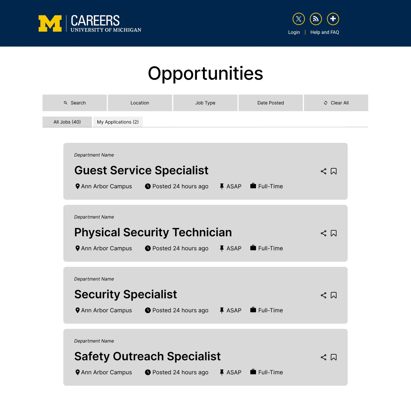 Low-fidelity job listings wireframe: an Opportunities page with search, location, job type and date filters, All Jobs and My Applications tabs, and job cards showing title, campus, posting time, start date and type, with share and save icons.