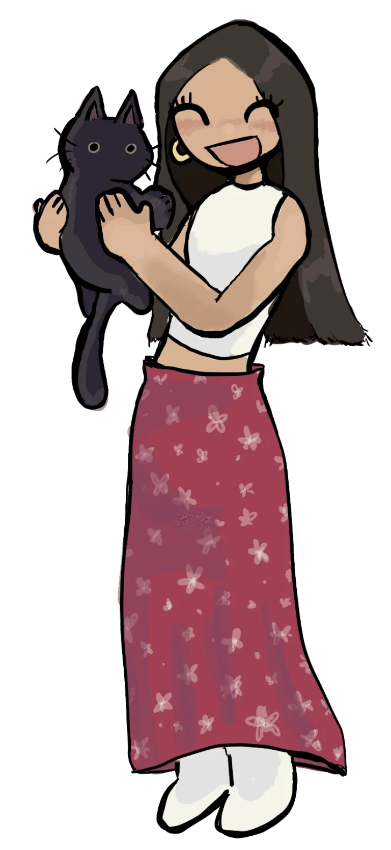Hand-drawn illustration of Tanya smiling and holding up her black cat, Oreo.