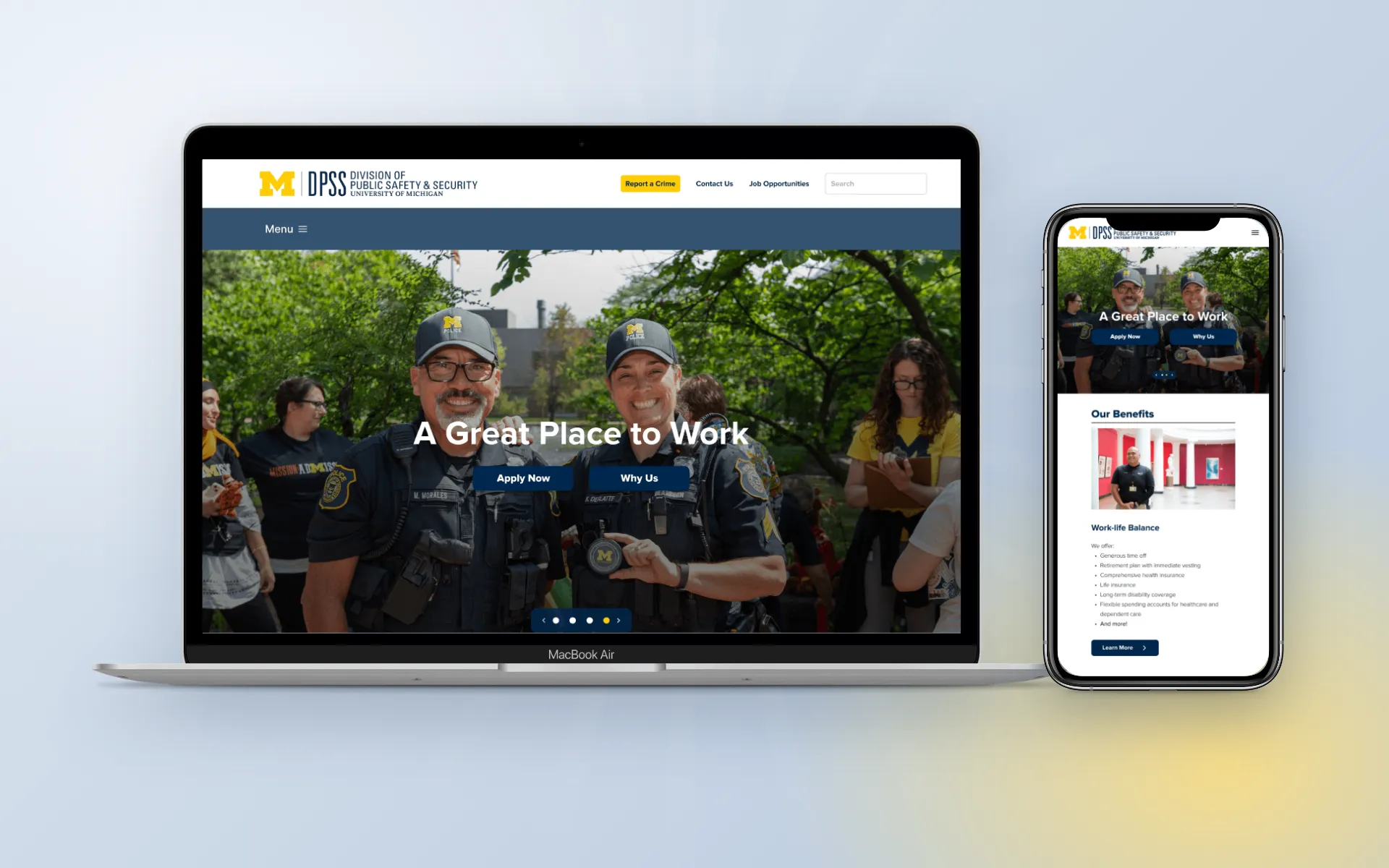The DPSS careers microsite shown on a laptop and a phone, with smiling officers under the headline “A Great Place to Work” and Apply Now and Why Us buttons, set against a soft blue background.