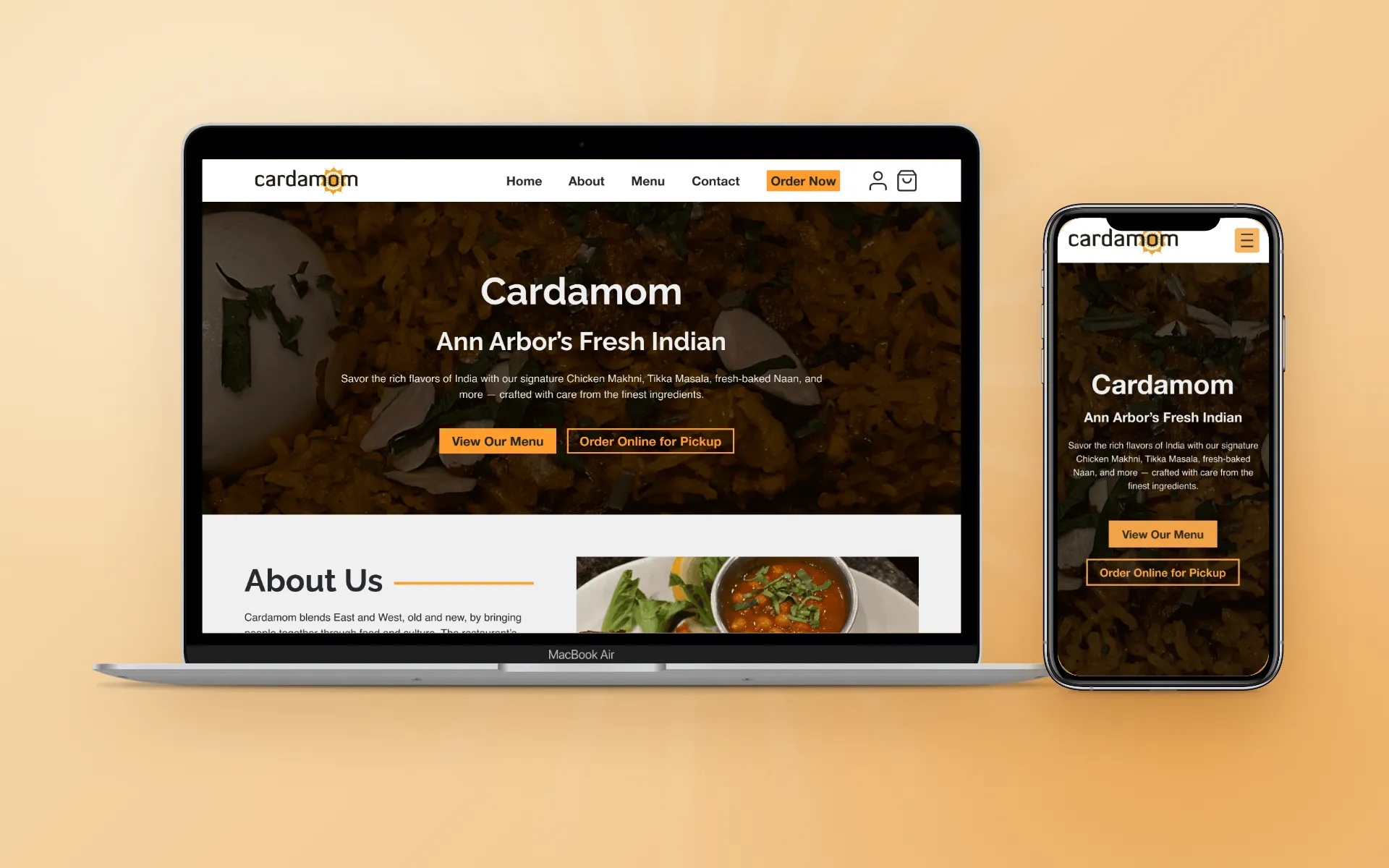 The redesigned Cardamom website shown on a laptop and a phone, with the headline “Ann Arbor’s Fresh Indian” over a biryani photo, set against a warm saffron background.